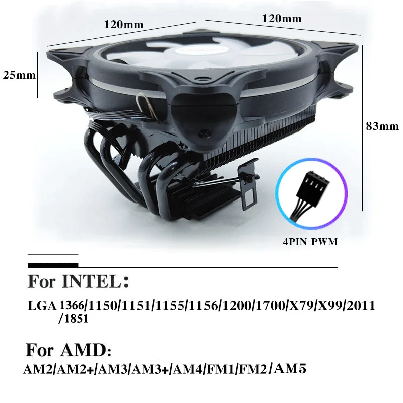X99 CPU Cooler 4Heat Pipes PC Radiator 4PIN PWM Silent Cooling Fan For Intel 2011/1700/1150/1155/1156/1366/1200/AM2/AM3/AM4/AMD
