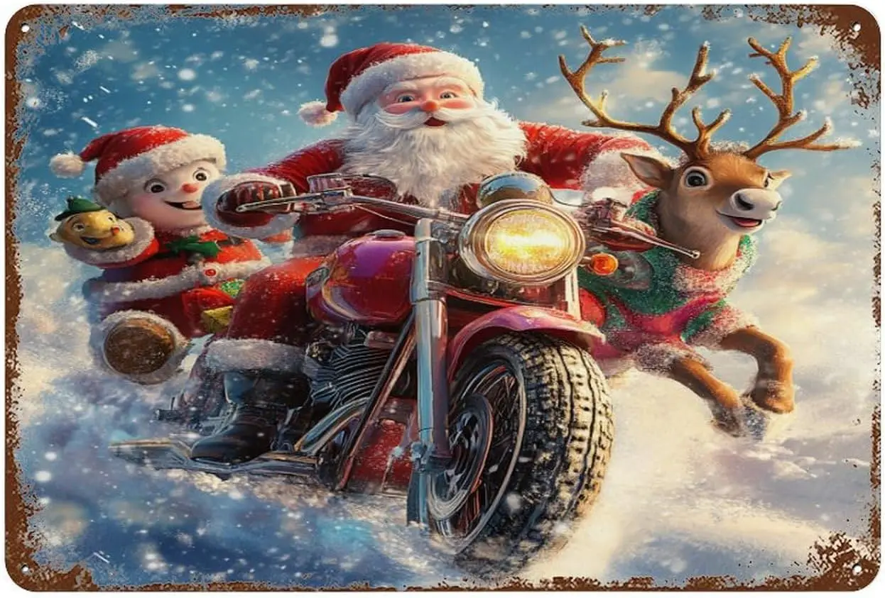 Santa Claus And Reindeer Riding Motorcycle Aluminum Metal Sign 8