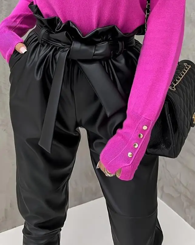 Women's Urban Trousers 2024 Summer Late Chic Ruched Pocket Strap High Waist Solid Color Motorcycle Pu Leather Pants with Belt