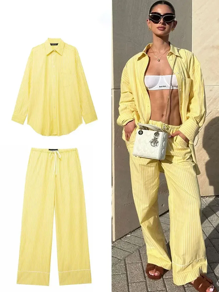 

Women Yellow Stripe Blouse Pant Suit Loose Long Sleeve Shirt Drawstring Trousers 2024 Female Fashion Streetwear Outfits