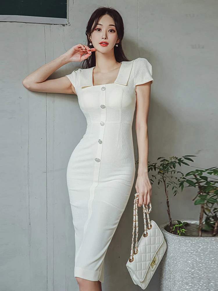 Eleganckie lato sukienka damska modna biała z krótkim rękawem jednorzędowa Bodycon Midi szata na imprezę Femme Mujer Vestidos ubrania imprezowe