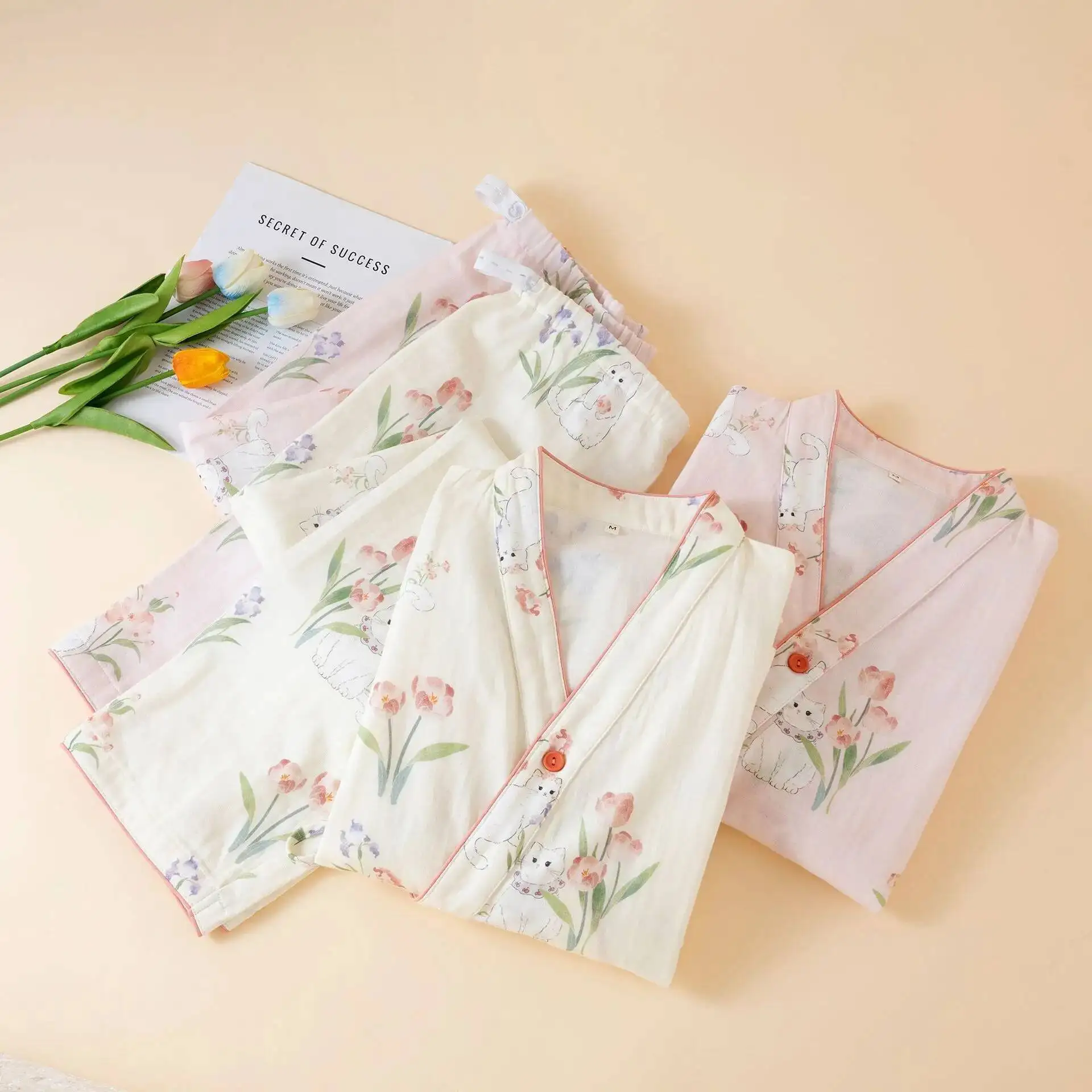 

Хлопковая домашняя одежда с милым мультяшным принтом, халаты с рукавами и длинными брюками, комплект из 2 предметов для женщин на весну и осень