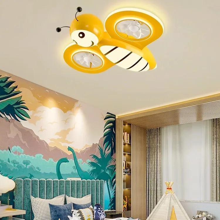 Modern cartoon yellow bee ceiling light LED remote control ceiling fan with light for kids children's lamp ceiling