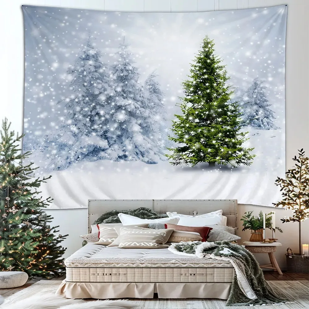 Outdoor Snow Tapestry Christmas New Year Moose Faux Window Winter Landscape Living Room Bedroom Wall Hanging Patio Wall Decor