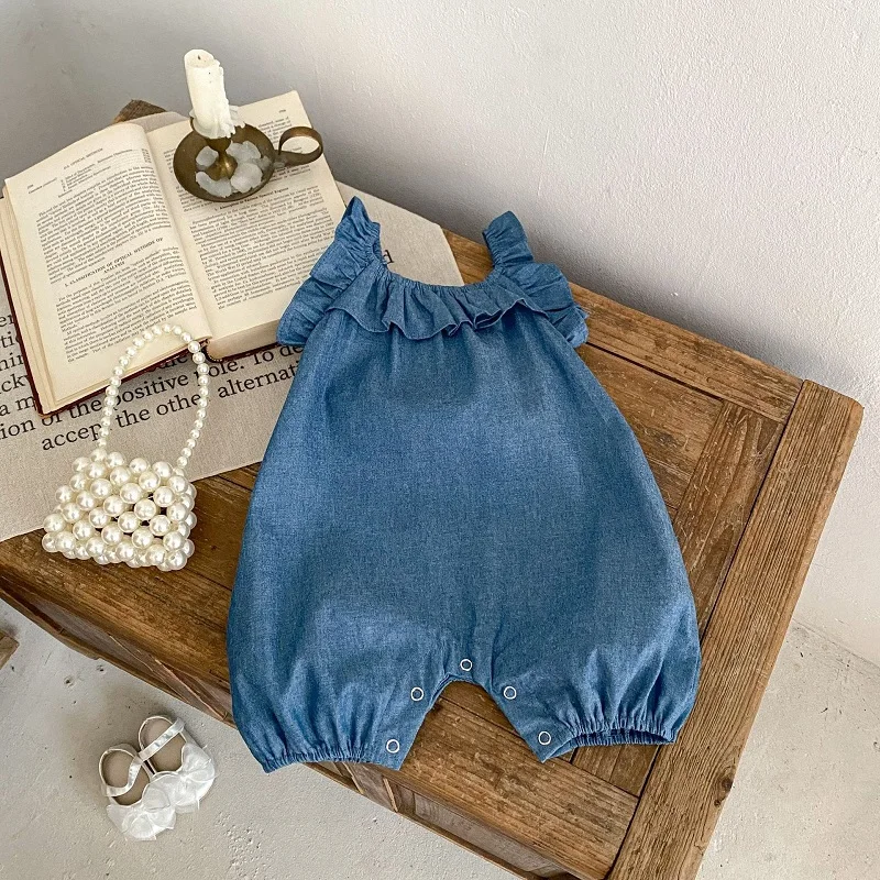 

2024 Summer Baby Denim Romper 0-2Years Newborn Boy Girl Solid Color Sleeveless Ruffles Loose Jumpsuit Overalls Fashion Clothes