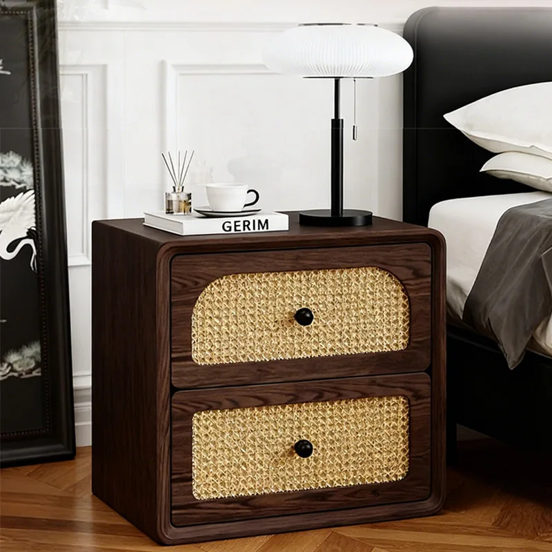 

Customizable antique imitation rattan bedside table narrow edge new bedroom home wooden bedside table retro storage bedside