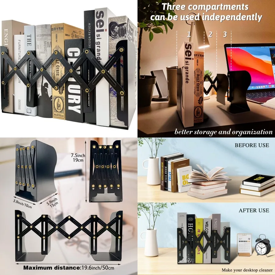 

Adjustable Non-Slip Decorative Metal Bookends for Heavy Books and Magazines Stylish Bookshelf Organizer Holder with Anti-Slide