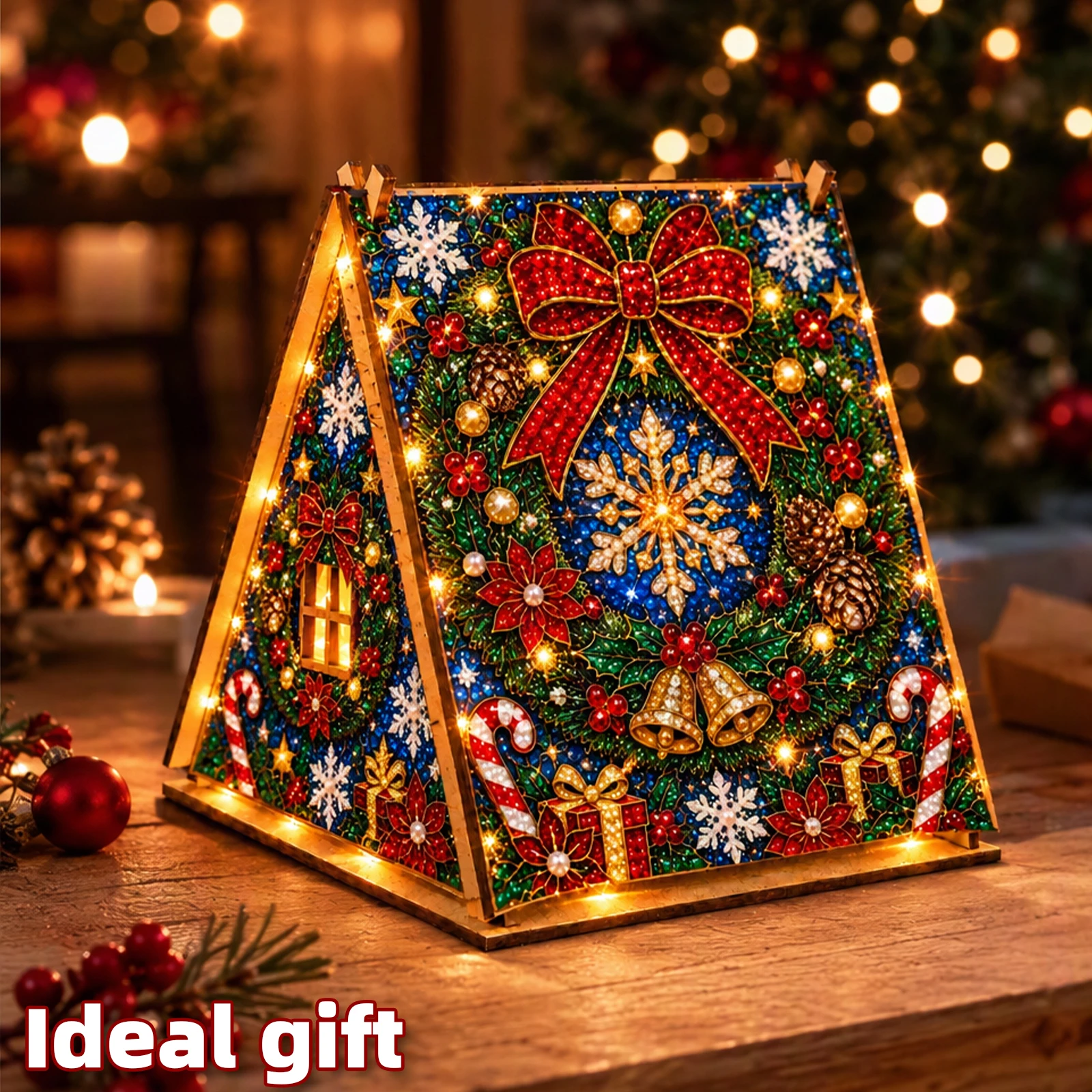 5D Diamond Painting Christmas Tent Kit Tabletop Glow Full Drill Resin Gems LED String Lights Decor