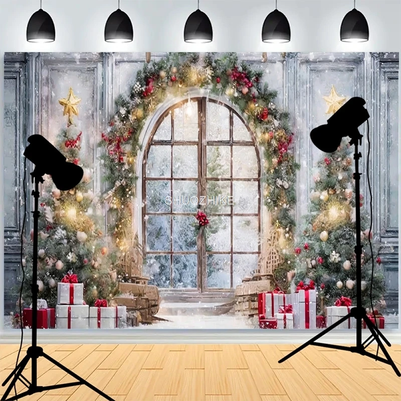 

Christmas Day Window Wreath Photography Backdrop Candies Living Room Family Party New Year Holidays Studio Background XH-25