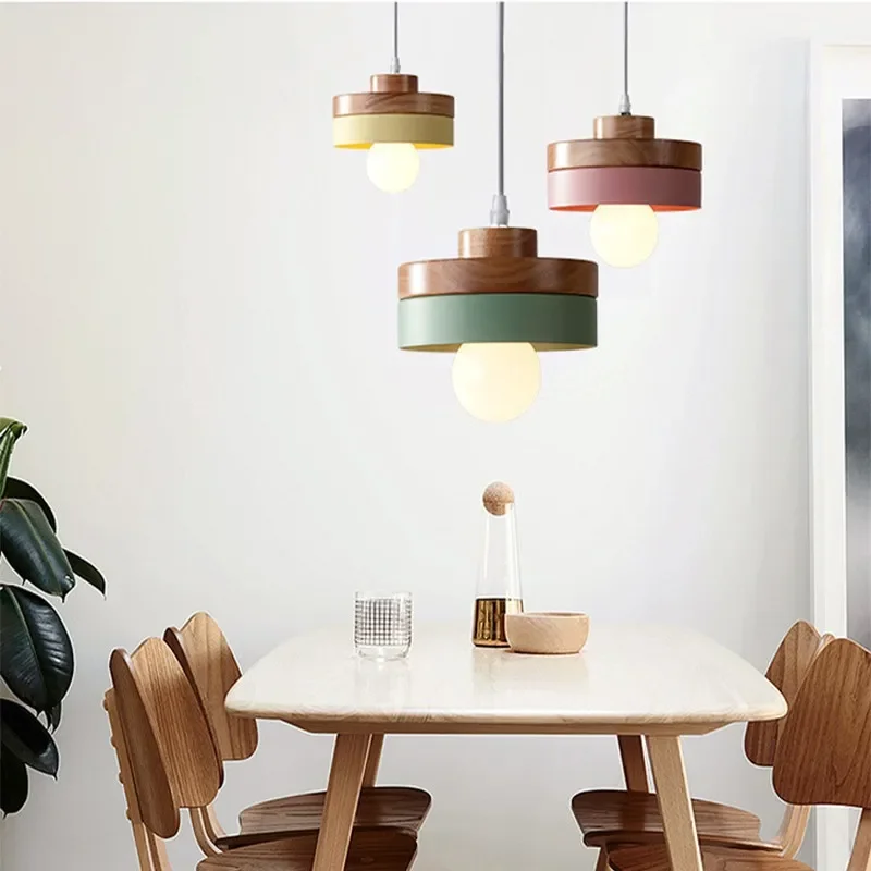 Nordic Wood Art Macaron Pendant Lights Ceiling Kitchen Personality Bar Restaurant Island Hanging Lamps Bedroom Light Fixture Led