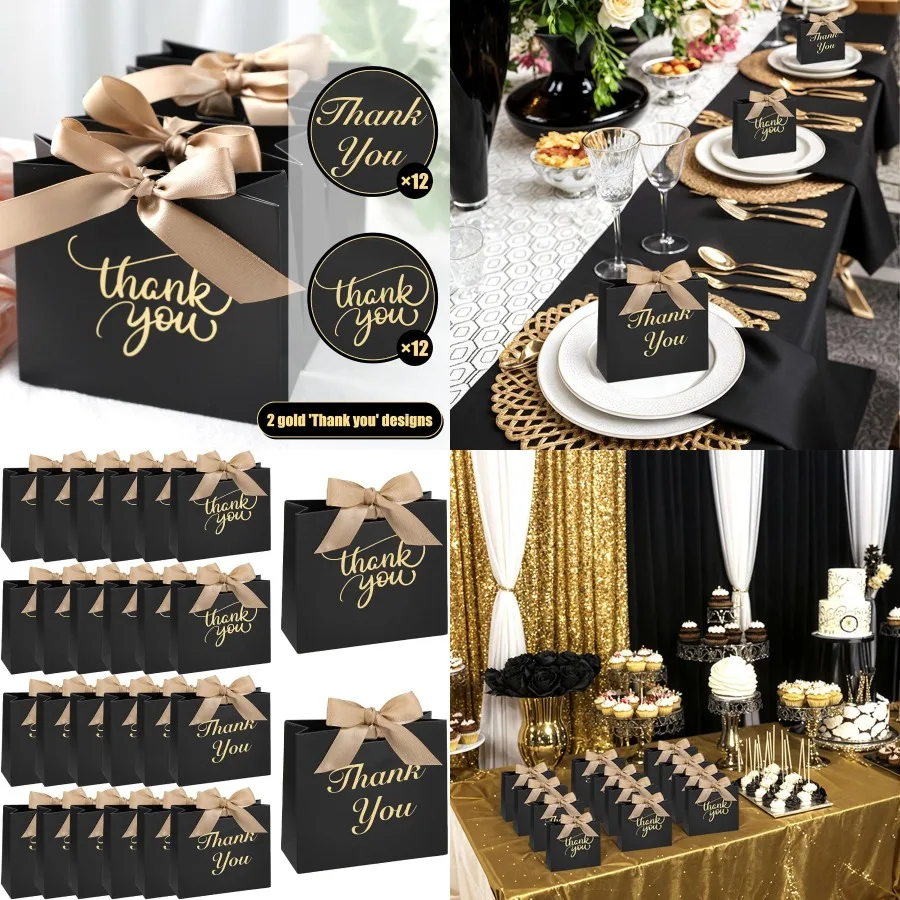 24 pçs obrigado sacos de presente 4.5x3.9x1.8 polegadas mini festa favor sacos preto caixas de deleite com fita arco para casamento nupcial bebê sho