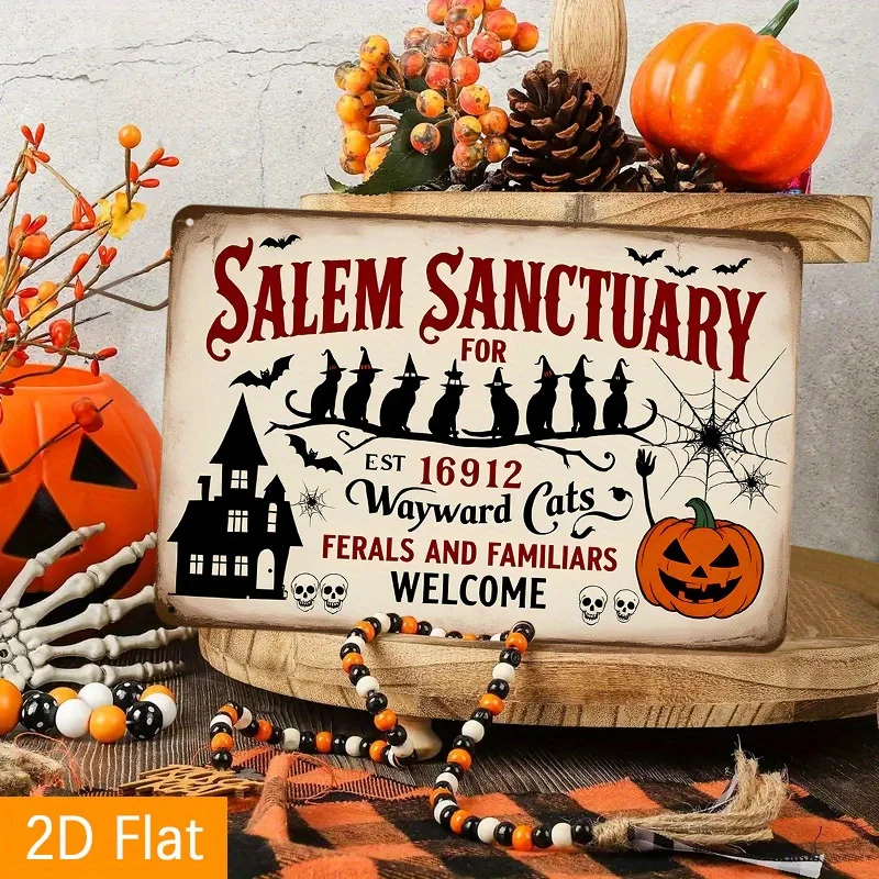 Salem Witch Vampire Cats Halloween Dekor – Vintage Gothic Metallblechschild mit Fledermäusen, Willkommen – Salem Sanctuary Retro Poster für