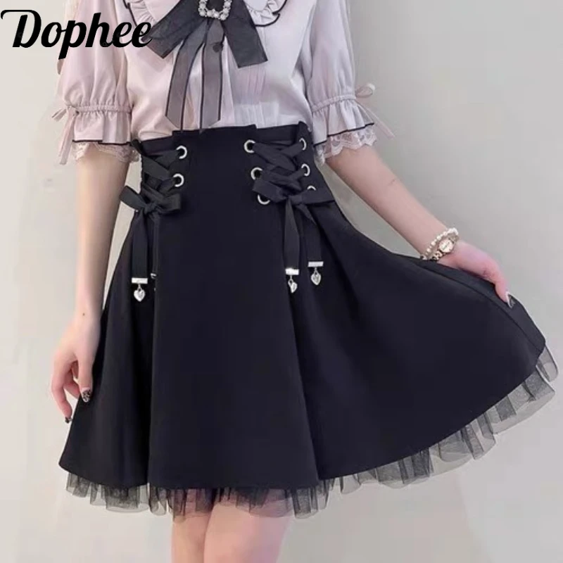 

Dophee Japan Style Rojita Skirts for Women Landmine System Lace-up Bow Pendant Mesh Splicing High Waist A-line Lolita Skirts