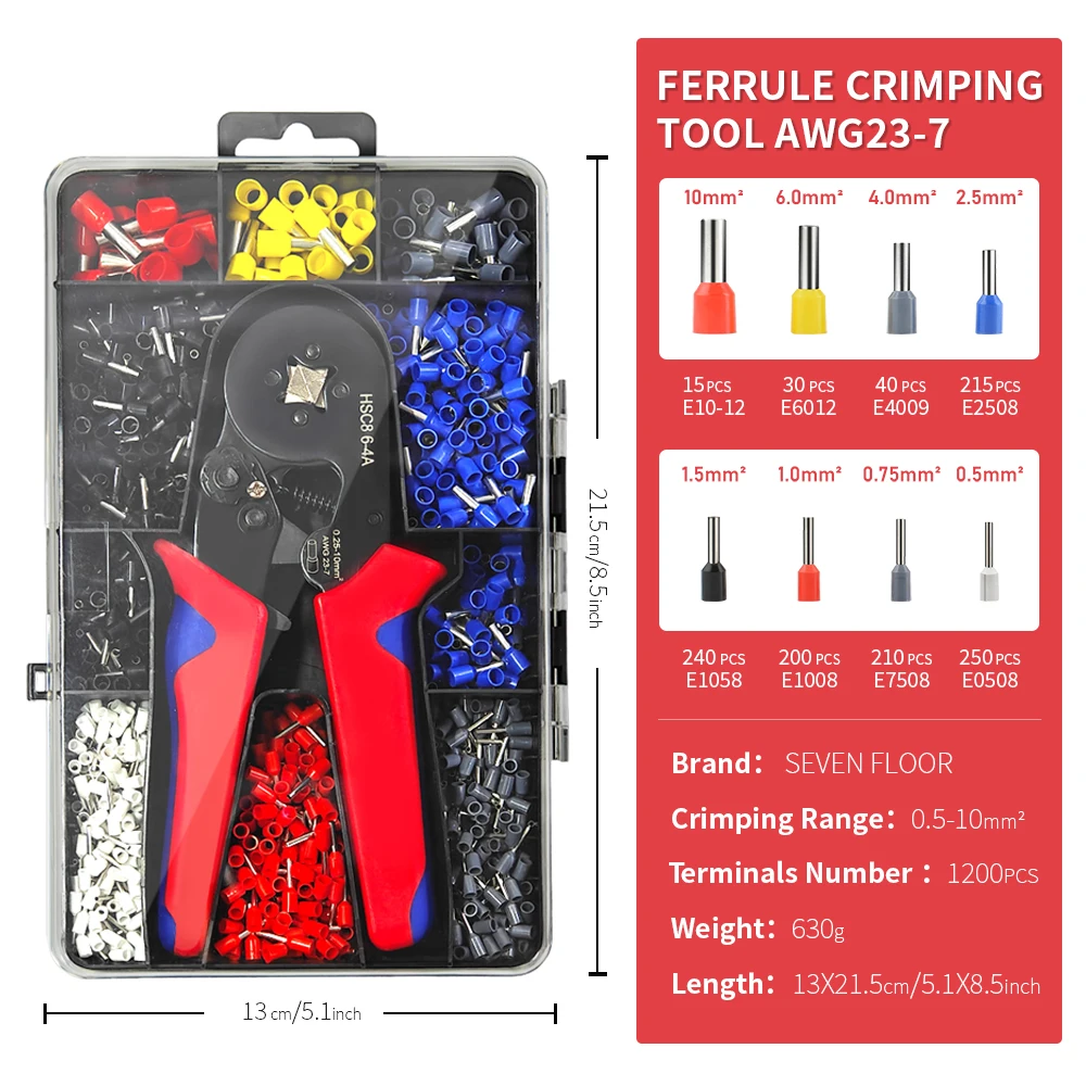 Crimping Pliers HSC8 6-4A Tubular Terminal Crimper WireFerrule Crimper Tools 1200 PCS Terminals Electrical Kit With Box