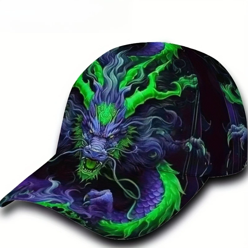 Neon Green Purple Dragon Print Baseball Cap Unisex Summer Sun Hat UV Protection Casual Outdoor Streetwear Chinese Zodiac Fashion