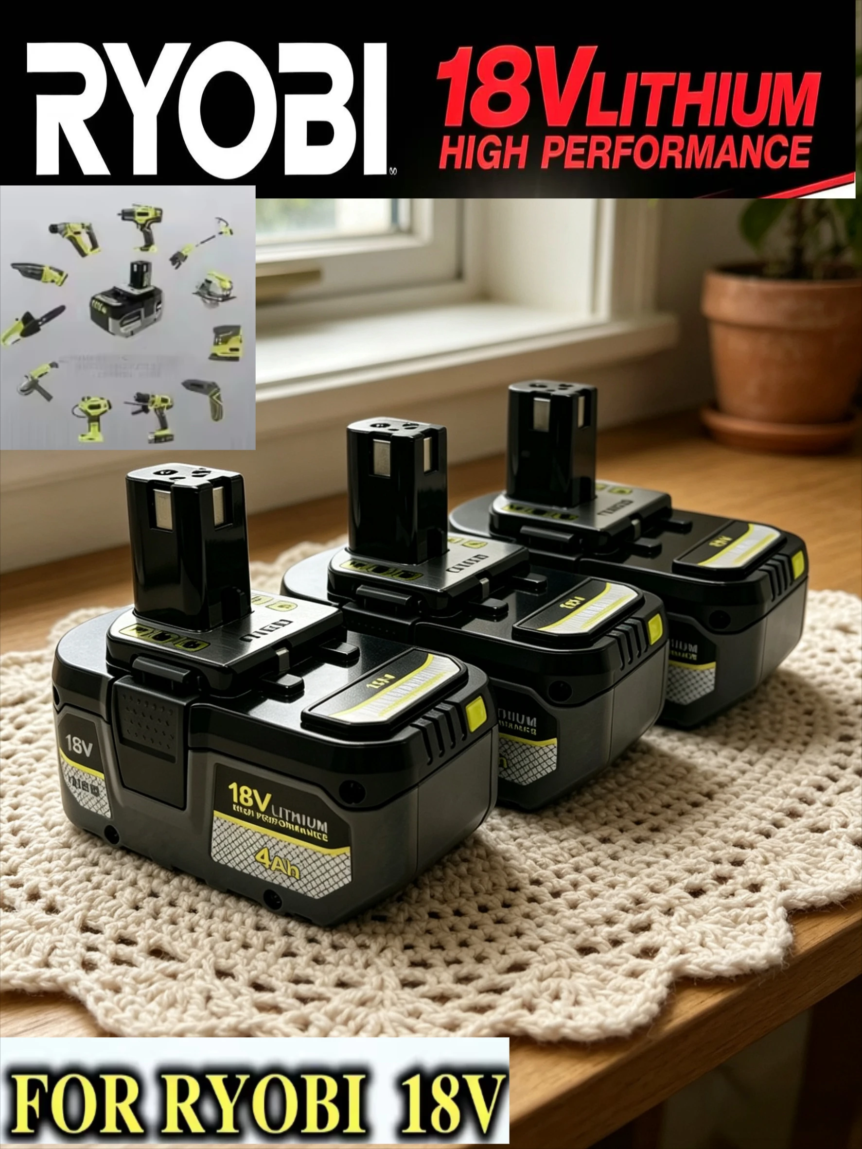 

Original RYOBI 18V Li-ion Battery, P104 P107 RB18L50 RB18L20 P108 High Capacity Rechargeable Battery