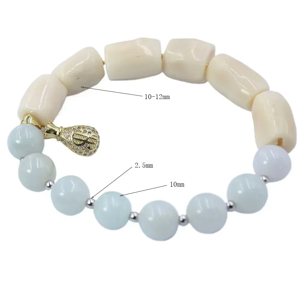 10-14mm 10mm 7-8inch Genuine Natural Jadeite White Sea Bamboo Column Coral Retro Luxury Jewelry Bracelet for Men and Women