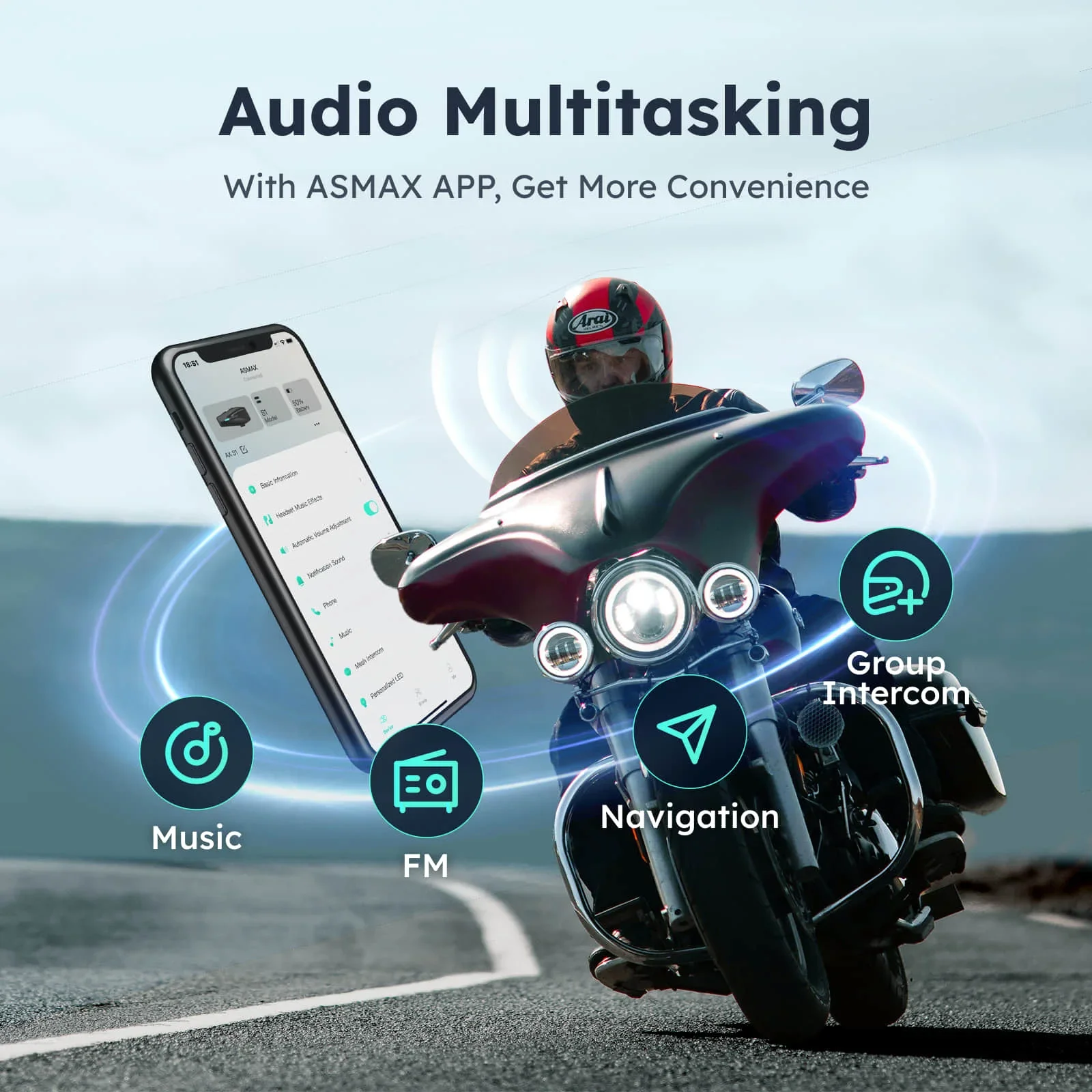 ASMAX S1 Bluetooth motorfiets-intercom Global Mesh Group-systeem 8-rijders Interphone Helm-headset FM, ruisonderdrukking, IPX7