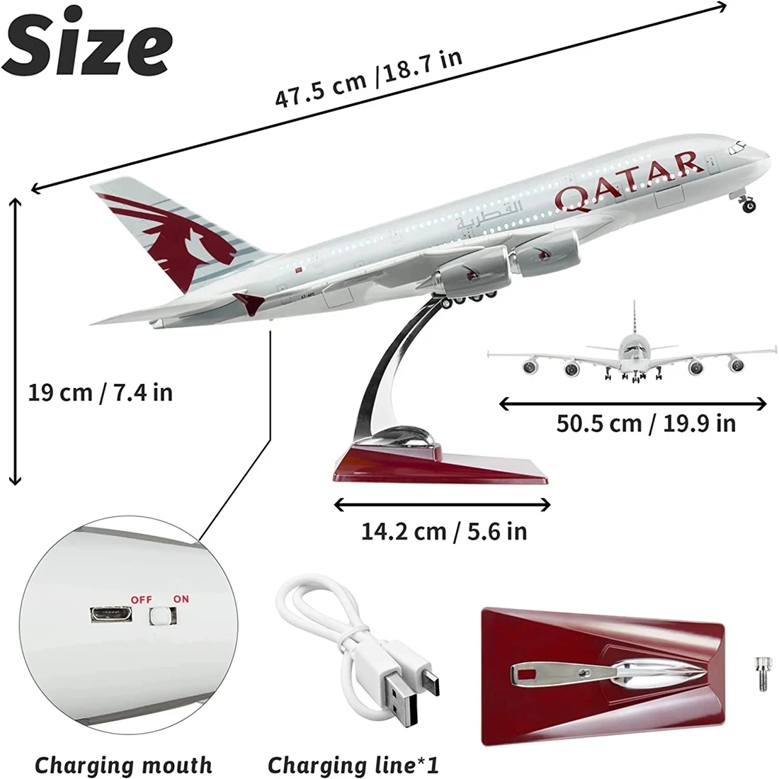 Qatar Airways 47cm 1/160 Scale Airbus A380 Aircraft Model With Light & Wheel Diecast Airplanes For Collection Display Or Gifts