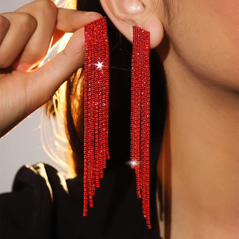 Black Red Prom Chandelier Earrings Rhinestone Sparkling Dangling Wedding Ear Studs Long Tassel Earrings Jewelry For Women