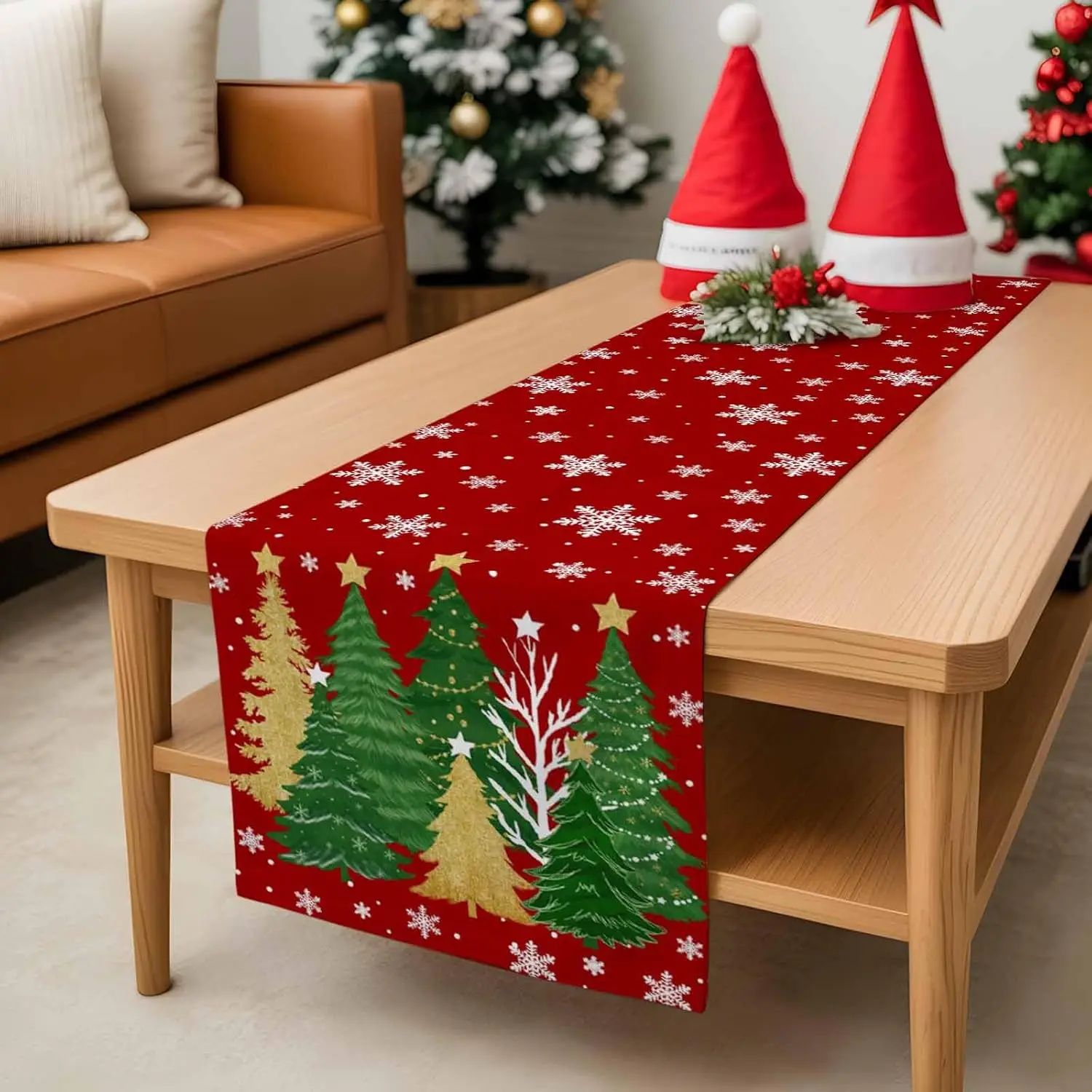 Christmas Snowflake Pine Tree Linen Table Runner Party Decor Winter Holiday Kitchen Dining Table Runner Christmas Decorations