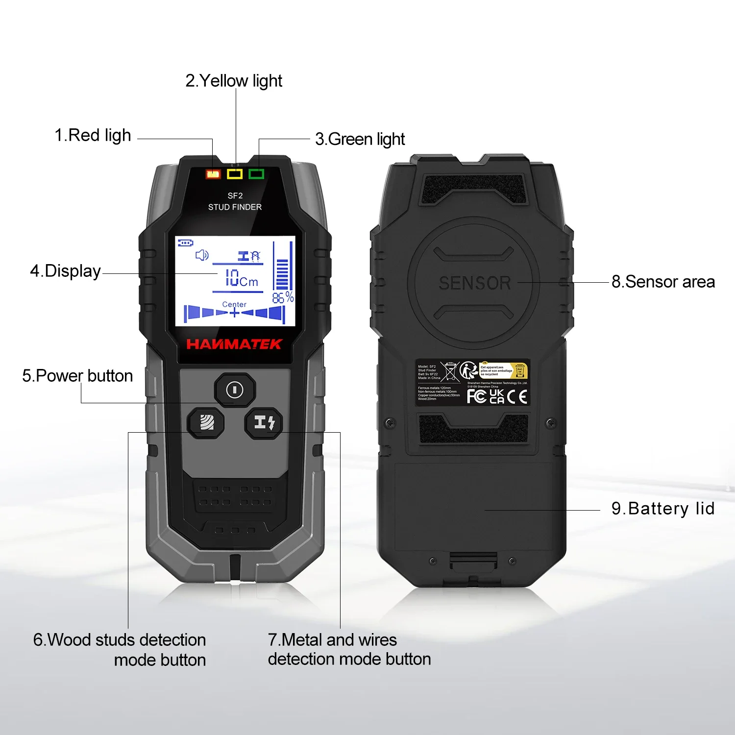 HACHANLUN SF2 Stud Finder Borchie in legno Rilevazione di metalli Rilevamento del cavo live Rilevatore di misurazione della profondità dei metalli Rilevatore da parete Scanner