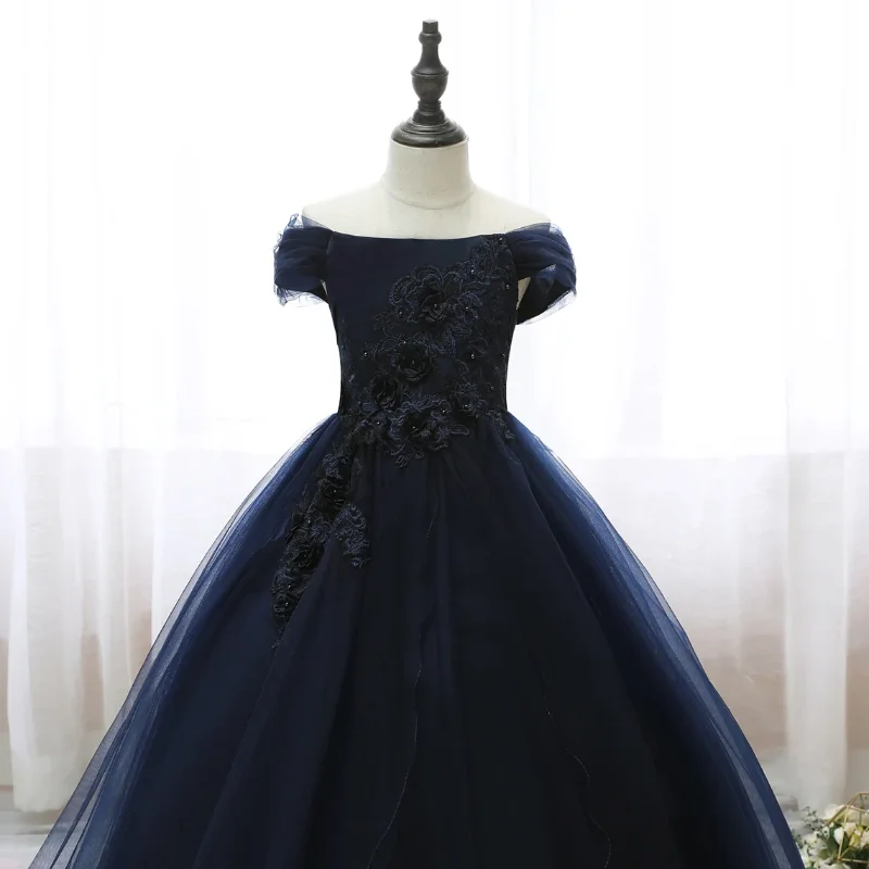 Navy Blue Flower Girl Dresses A-LINE Boat Neck Floor-Length Lace Pageant Dresses for Wedding Kids First Communion Dress