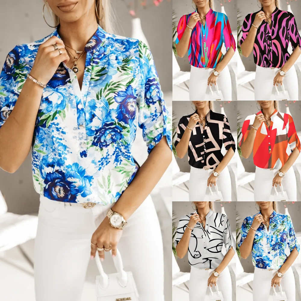 Women Elegant Blouses 2024 Spring Summer Latest Roll Up Sleeve Shirt Printed T-Shirt V-Shaped Collar Buttons Short Sleeve Top