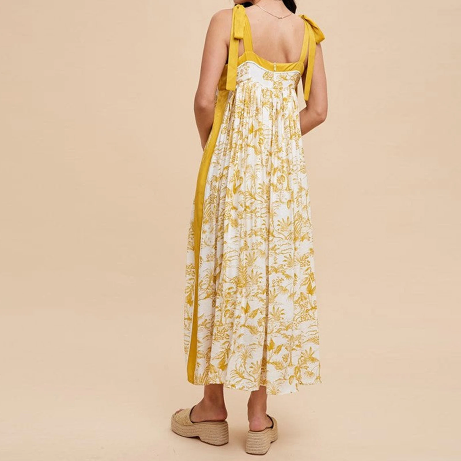 Women Sleeveless Wide Shoulder Straps Tied Plants Print Contrast Color Summer A-line Tank Long Dress for Daily Party