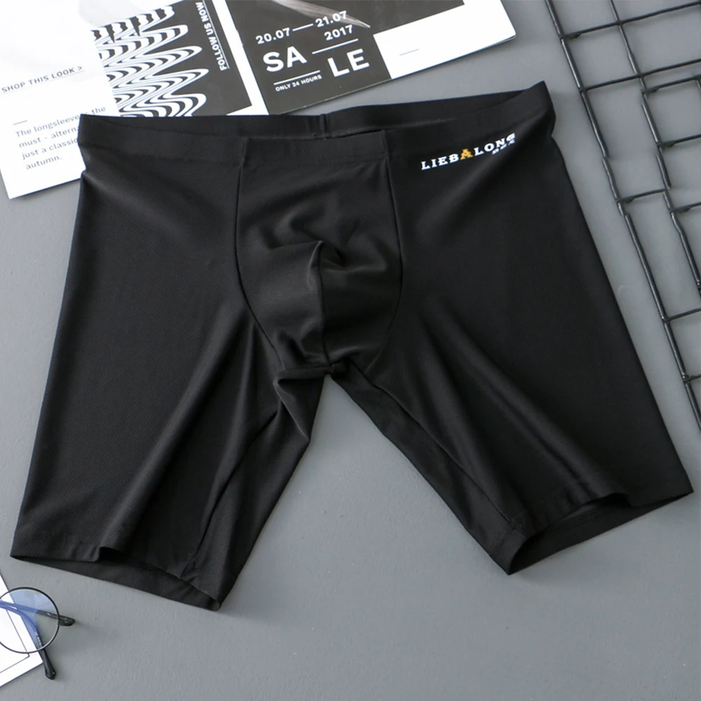 Mens Long Leg Boxers Briefs Ice Silk Underwear Sport Shorts Breathable Trunk Elastic Flat Boxers Sexy Shorts U Convex Pouch