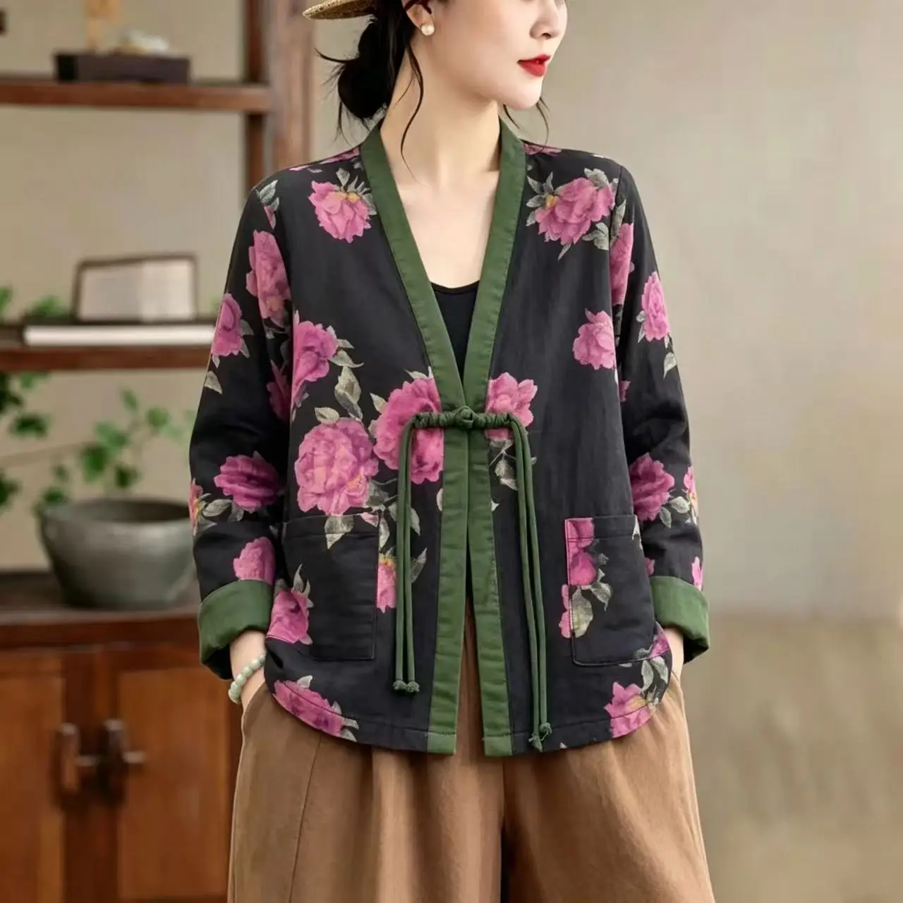 Elegant Chinese Style Floral Print Open Cardigan Casual Loose Fit Mommy's Clothing National Style Slimming Top Age Reducing