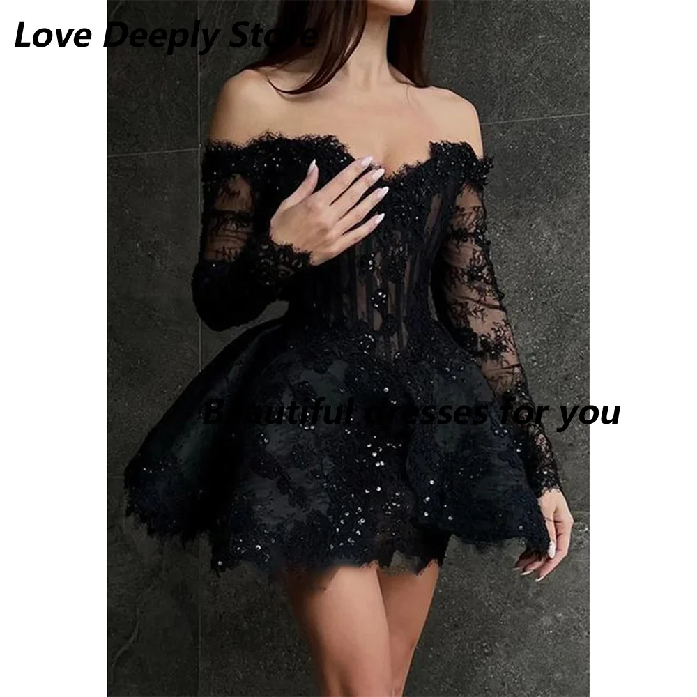 Black Lace Mini Cocktail Dresses for Woman Customized Sweetheart Neck 3/4 Sleeves Beading Luxury Prom Party Gowns 2026 image 3