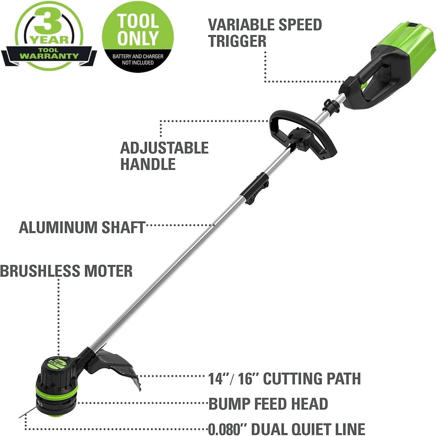

PRO 16-Inch 80V Cordless String Trimmer, Battery Not Included ST80L00, Multicolor