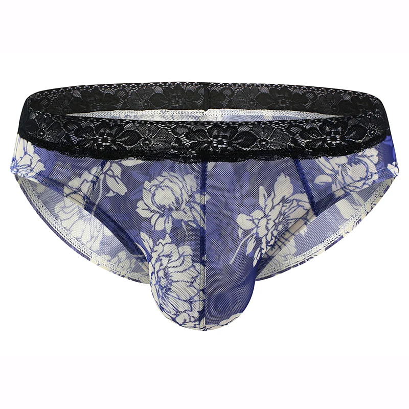 Men Briefs Underwear Lace Printed Sexy Mesh Convex Pouch Panties Breathable Floral Mens Exotic Underpants