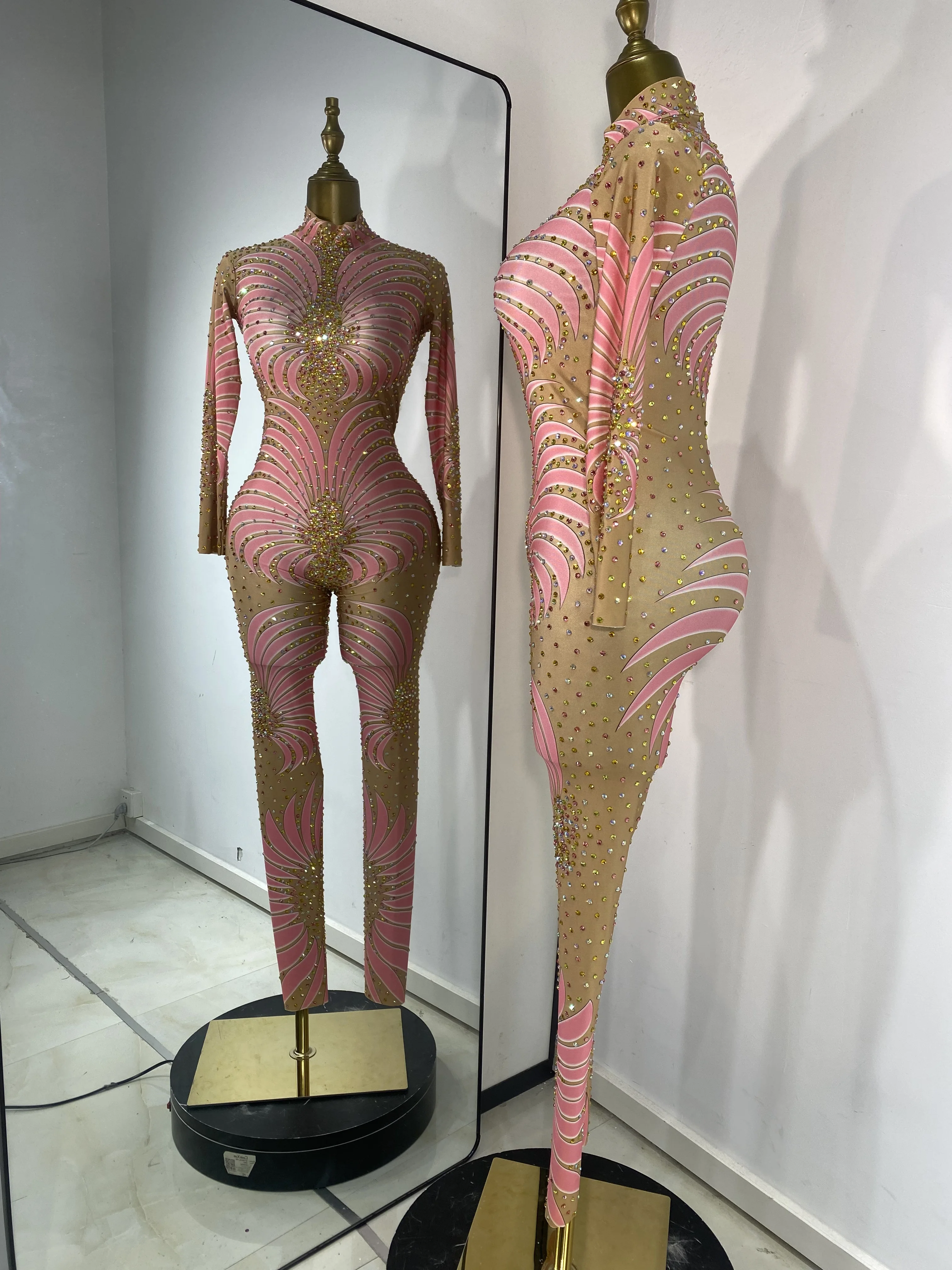 

Sparkly Rhinestone Pink Printed Bodycon Jumpsuits Women Special Occassion DJ Gogo Nightbar Evening Club Party Dress Costumes
