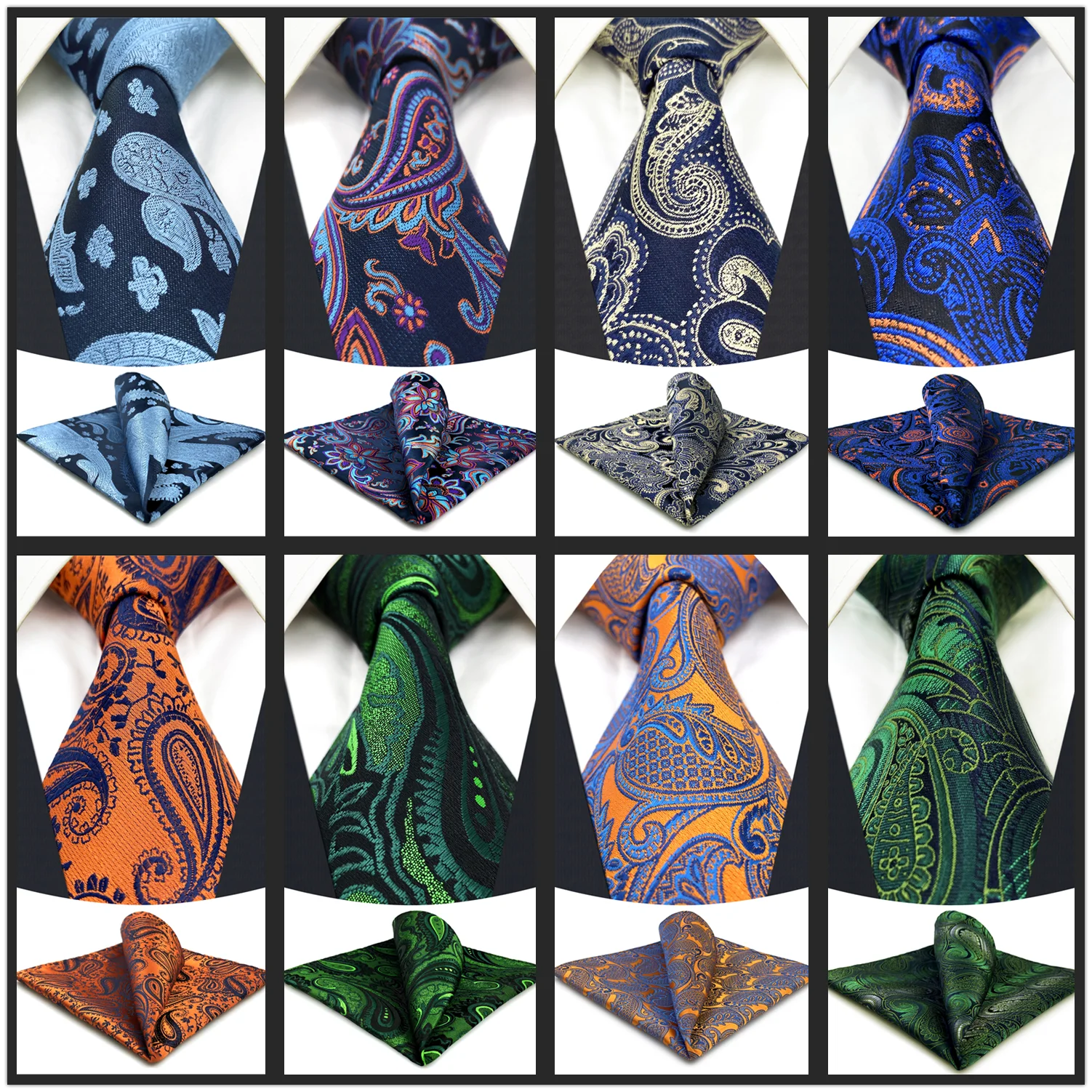 

Paisley Orange Red Brown Mens Neckties Pocket Square Set Classic Wedding Accessory Luxury Gift Ties for Male Business
