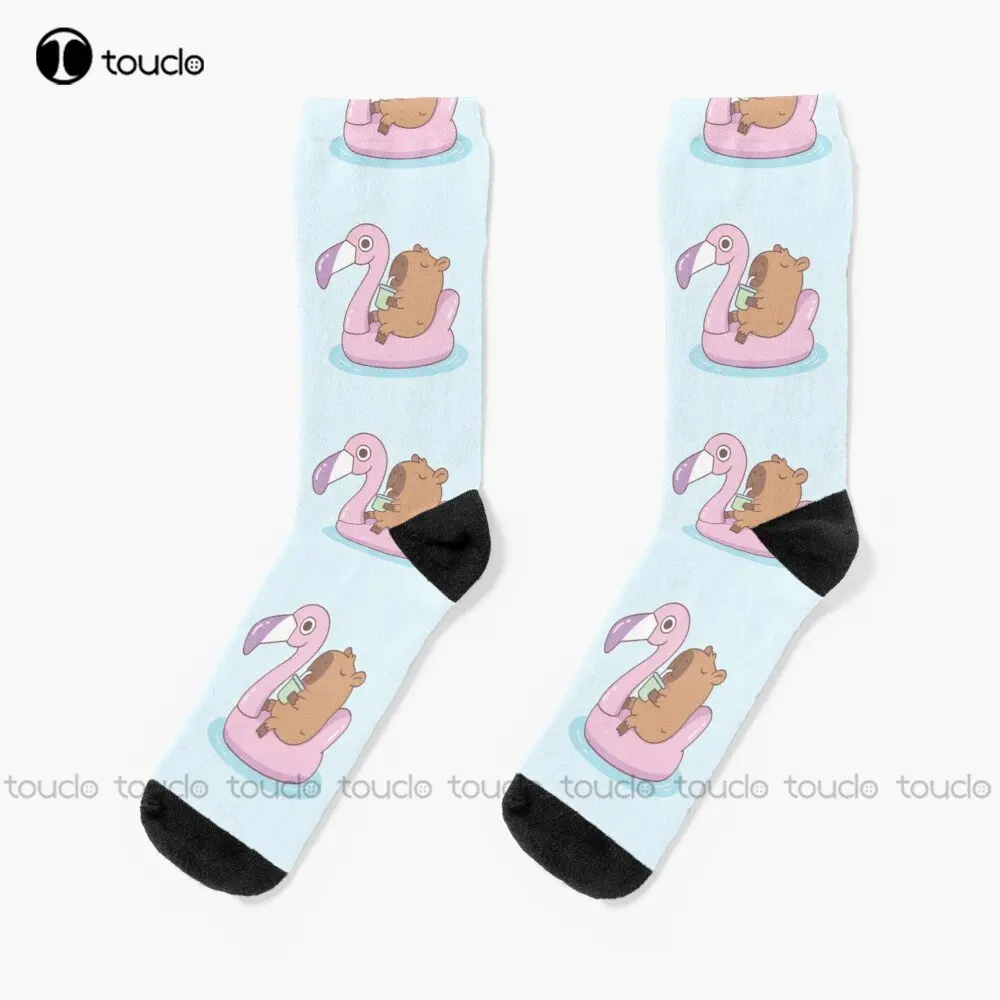 Cute Capybara Chilling On Pink Flamingo Pool Float Socks Cute Socks Personalized Custom Unisex Adult Teen Youth Socks Streetwear