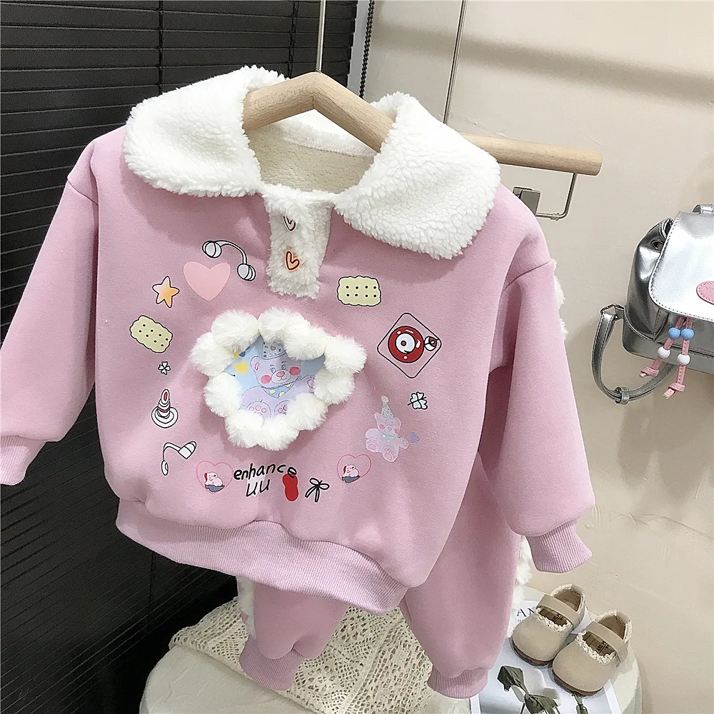 Sweatshirt bulu anak perempuan, pakaian setelan bayi perempuan celana Jogger tebal pullover kerah Turn Down cetak cinta musim dingin