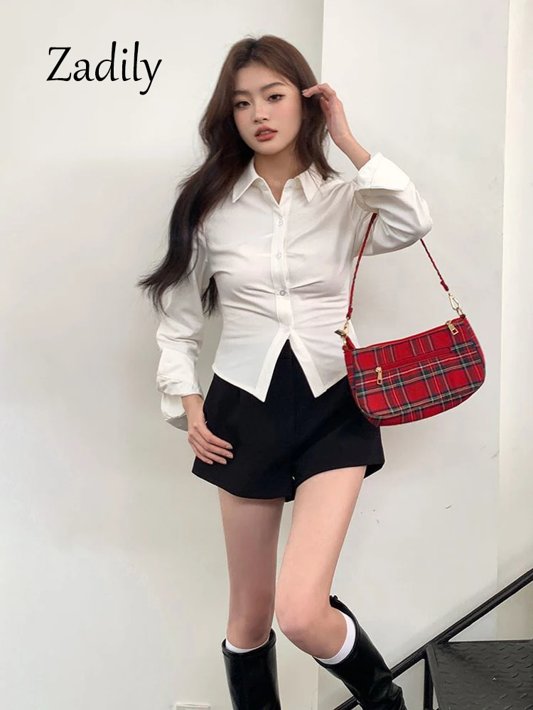 Zadily 2024 Spring Office Lady Women White Short Shirt Korea Style Long Sleeve Button Up Slim Work Blouse Woman Clothing Tops