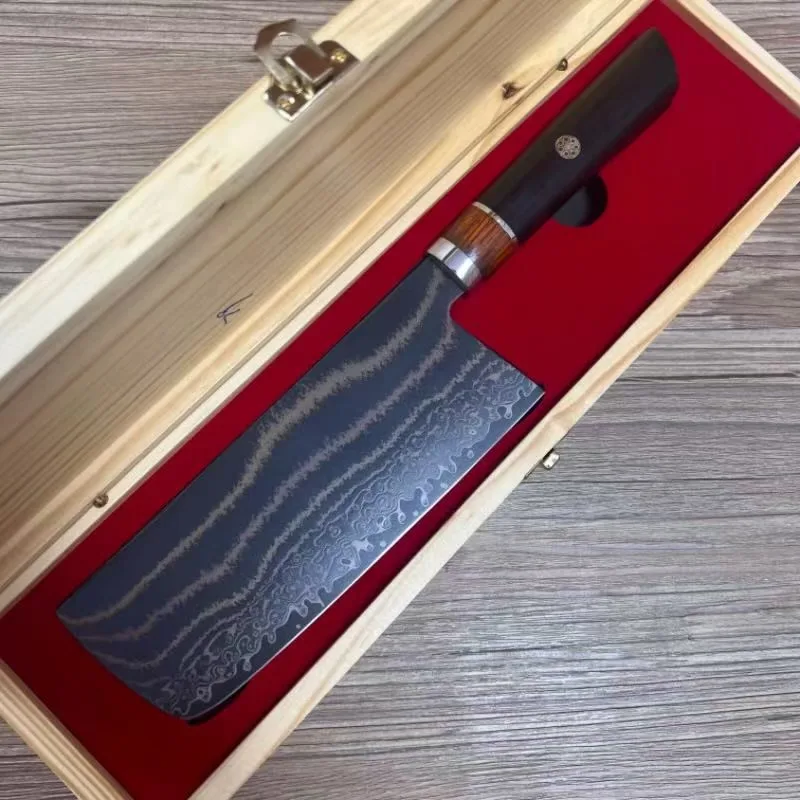 سكين الطاهي ثلاثي الألوان النحاس الدمشقي الصلب مسحوق الصلب الأساسية شفرة تقطيع الخضروات الساطور اللحوم سكين المطبخ دون صندوق خشبي