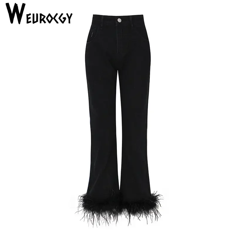 Imagem -04 - Outono Personalidade Novo Estilo Moda Cintura Alta Olhar Fina Splicing Feather Mulheres Denim Straight-leg Pants Estilo de Rua 2023