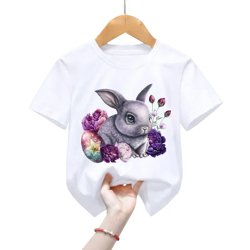 

Newest Summer TShirts Easter Bunny Print Girls Tops Casual Vintage Flower Children's Clothing Harajuku Egg Casual Kids T-Shirts