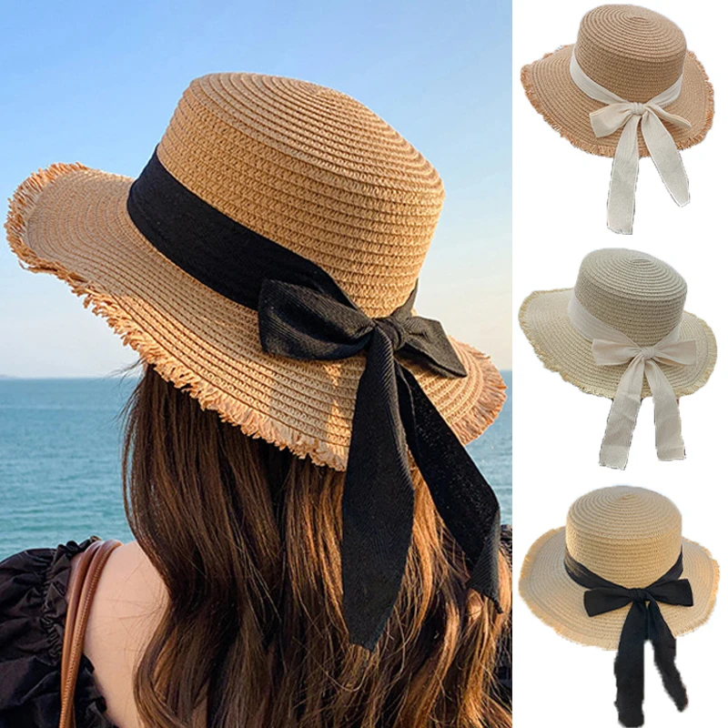 

Bow Ribbon Straw Cover Cap Women Wide Brim Soft Top Sun Protection Hat Summer Sunshade Visors Female Vacation Beach Accessories