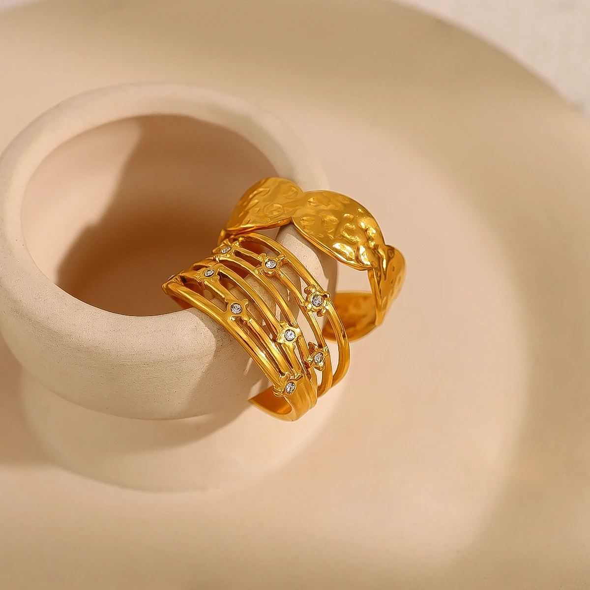 WILD & FREE Vintage 18K Gold Plated Stainless Steel Rings for Women Exquisite Chic Crystal Index Finger Ring Waterproof Jewelry