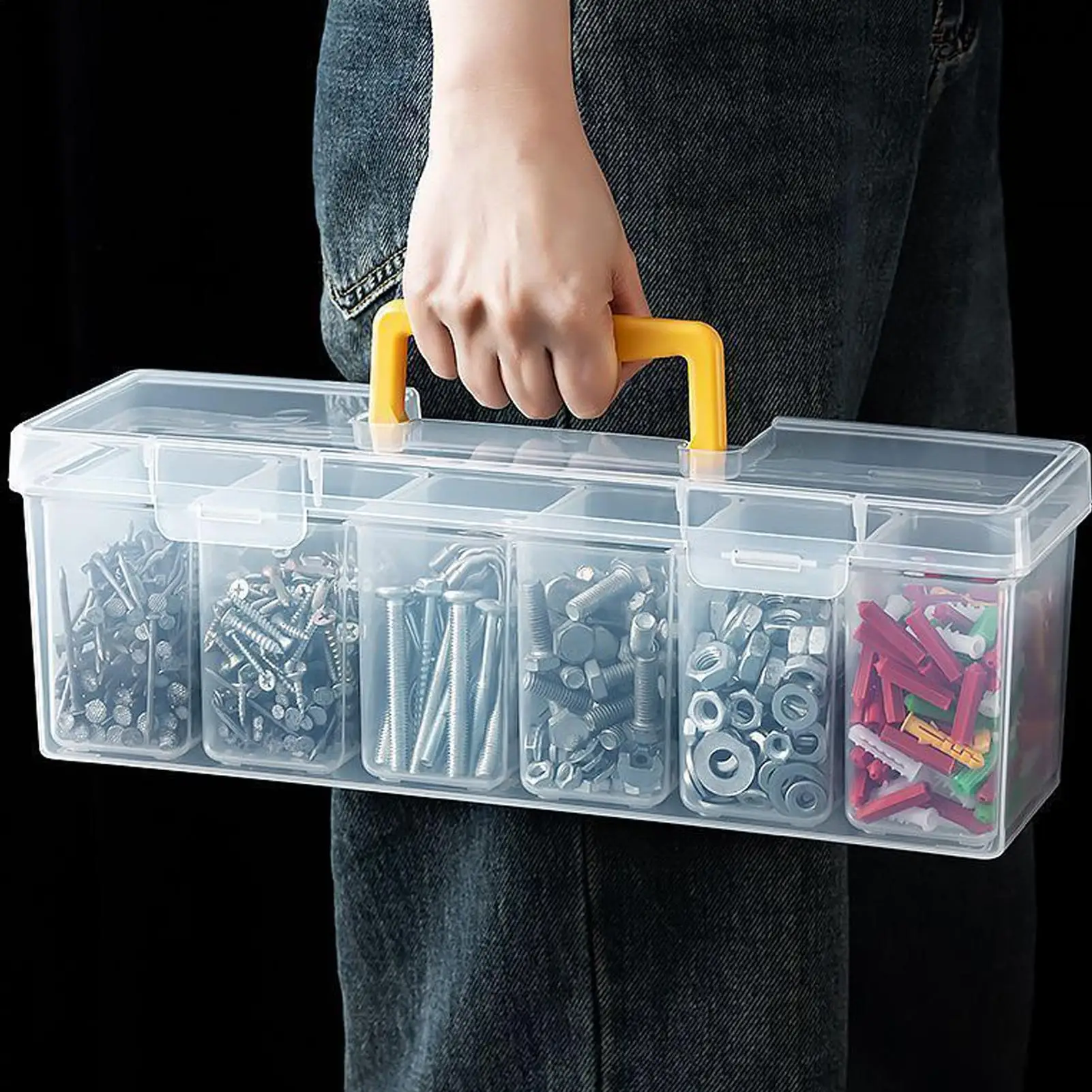 6-Grid Clear Storage Box with Handle Lid Small Parts Organizer Tool Nail Organization for Tools Tackle Jewelry Makeup Home Offic