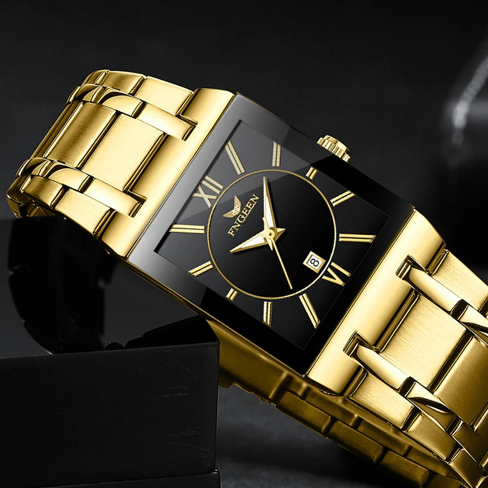 

FNGEEN Business Man Watch Waterproof Date Square Shape Wristwatch Stainless Steel Quartz Watches for Men Bracelet Reloj Hombre