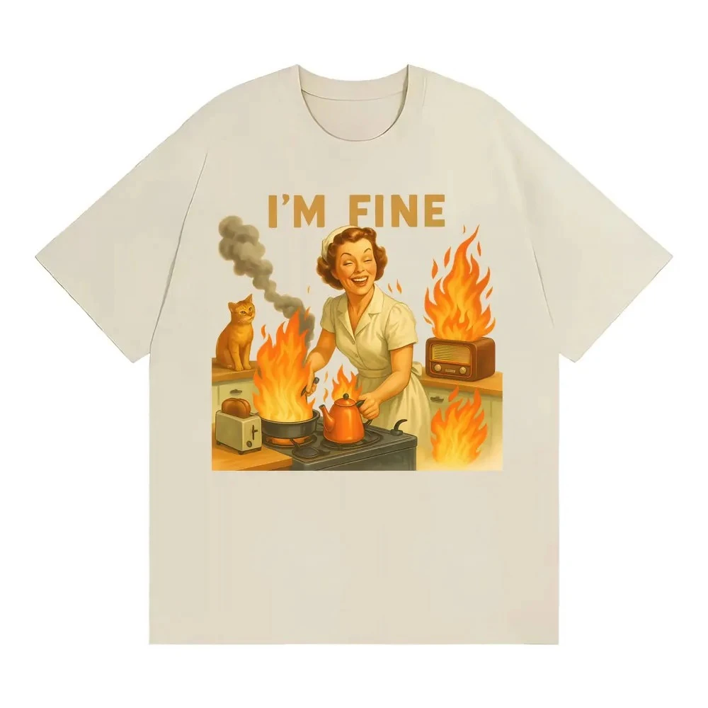 Funny I'm Fine Housewife Kitchen Fire Cat Meme T Shirt Retro Vintage Unisex Oversized Casual Short Sleeve Crew Neck Tee Tops