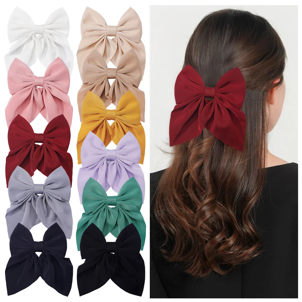 2024 New Elegant Bow Ribbon Hair Clip Fashion Simple Solid Satin Spring Clip Hair Pin Headband with Clips Girls Hair Accessories