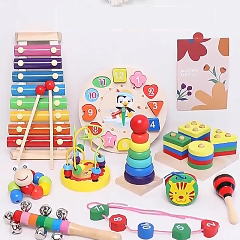 9 in 1 Wooden Montessori Toys Rattle Bell Drum Column Set Musical Instruments Sensory Early Baby Toy Toddler Education