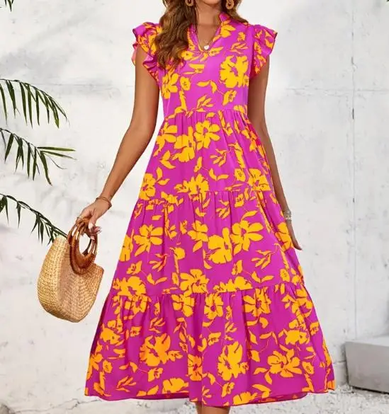 Nuovo abito estivo a trapezio casual con stampa floreale con scollo a V per donna, abito senza maniche a vita alta ampio alla moda ed elegante